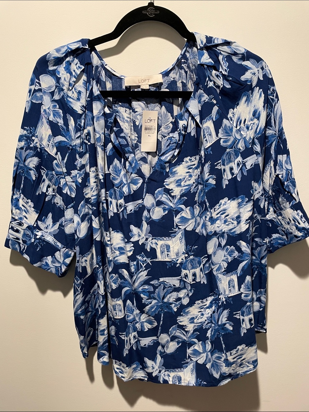 LOFT Navy & White Floral Tie-Neck Blouse